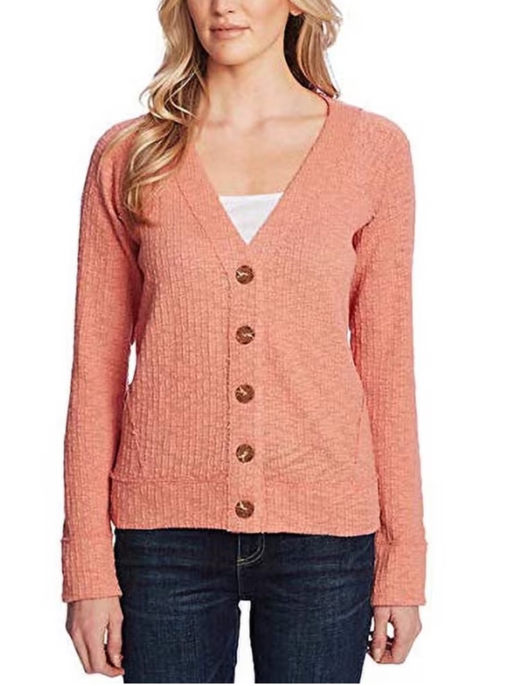 Two by Vince Camuto Peach Button-Front V-Neck Cardigan